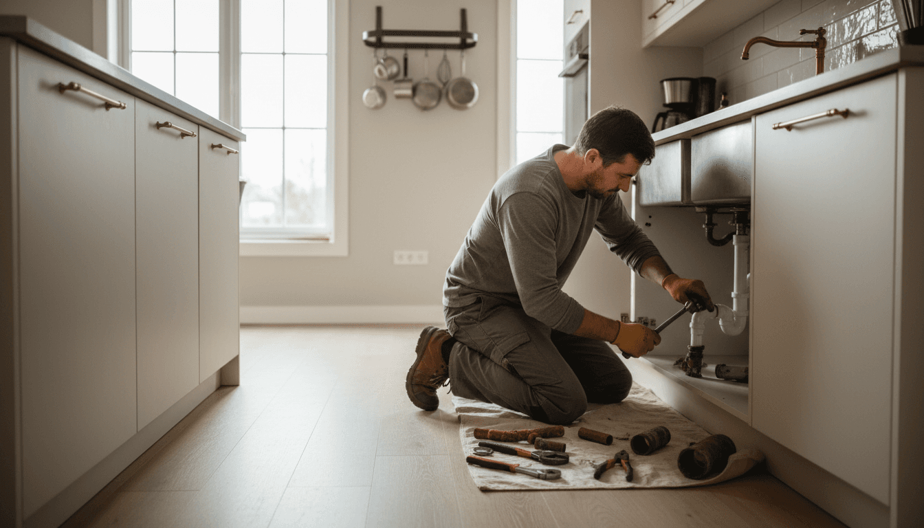 Professional plumber repairing kitchen sink in Kuala Lumpur home