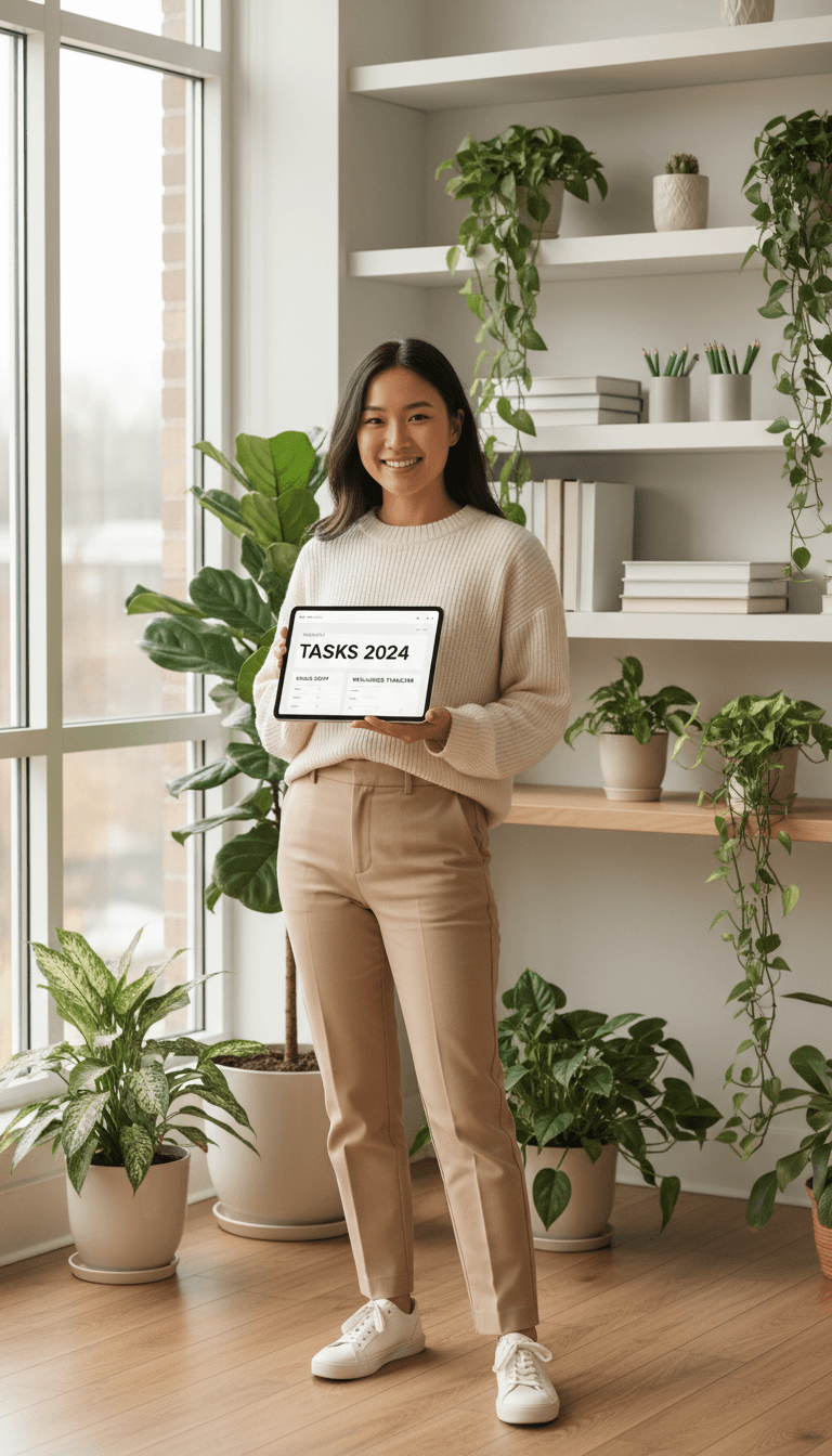 Woman standing confidently with tablet showing digital planning dashboard in plant-filled home office