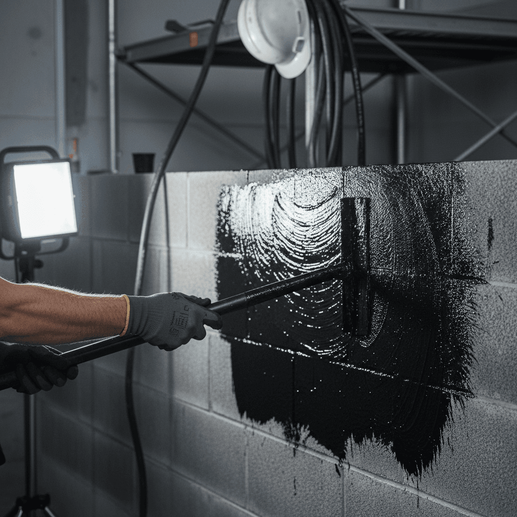 Tradesperson applying waterproof membrane coating to concrete basement foundation wall with specialized spreading tool