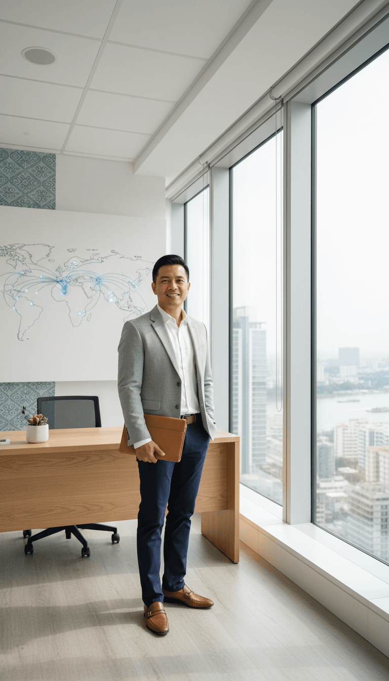 Southeast Asian business professional standing confidently in modern office with cityscape view, holding portfolio representing market expertise